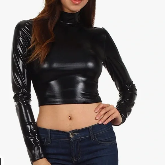 NWOT Undershirt Metallic Liquid Mock Neck Turtleneck Long Sleeve Crop Trendy Top - Picture 1 of 5